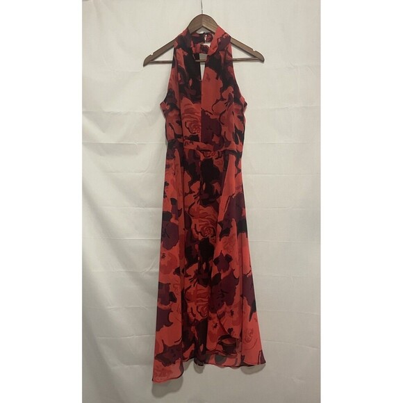 Philosophy Red Black Floral Halter Maxi Dress Size 4 Sleeveless Lined Elegant - Picture 3 of 13